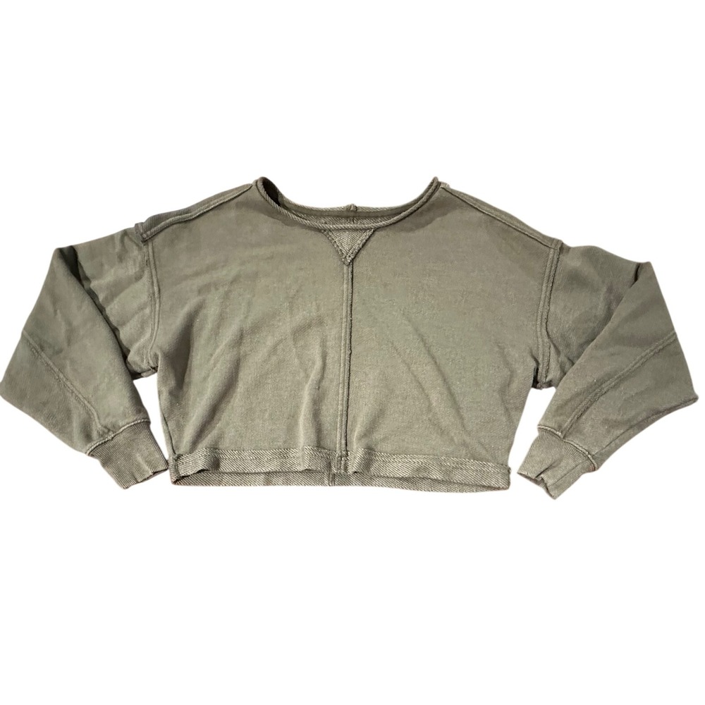 Aerie Olive Green Cropped Seam Detail Sweatshirt XS Relaxed Fit Pullover